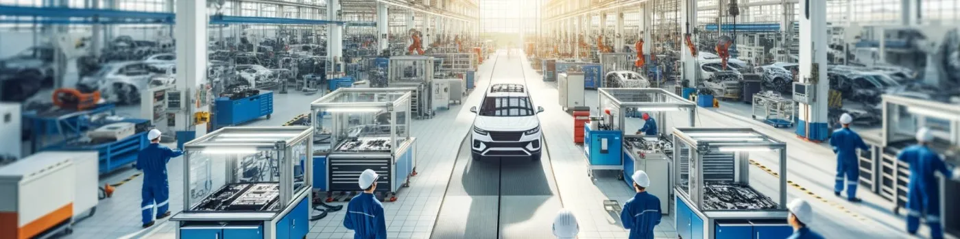 Vehicles and workers on an automotive assembly line.