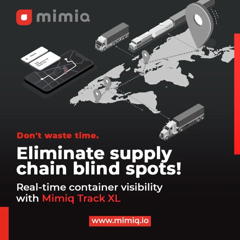 Mimiq Track XL asset trackers illustrated across a global transport network.
